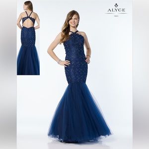 Size 2 Alyce Paris Navy Blue Halter Mermaid Prom Dress